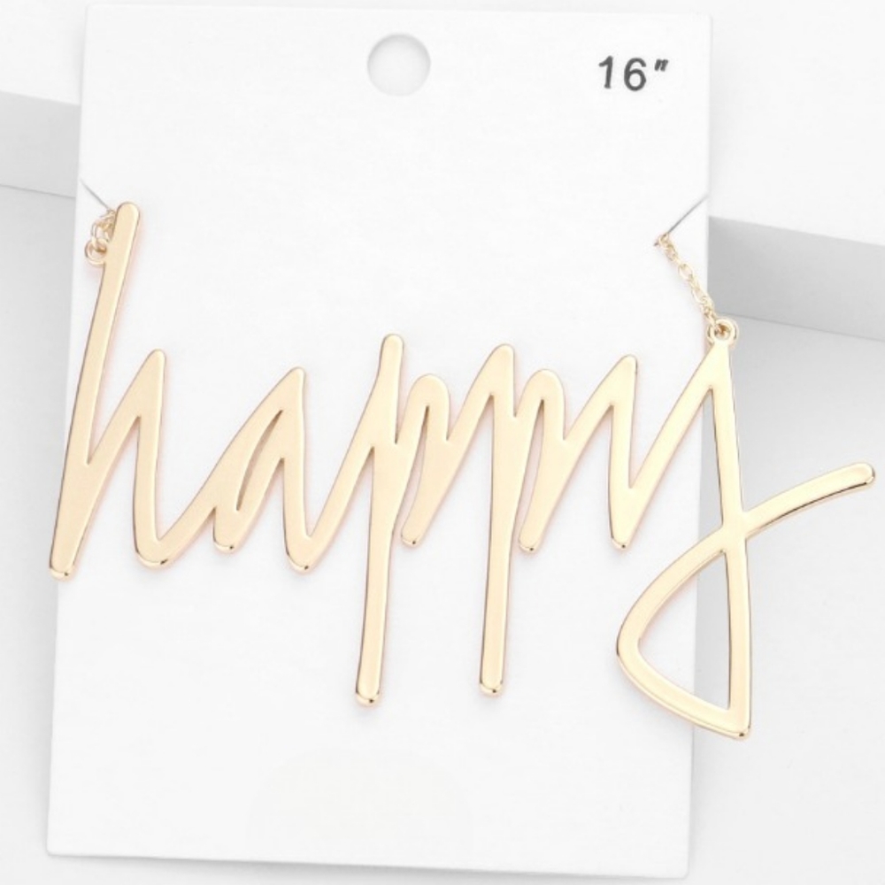 Gold HAPPY Word Pendant Statement Necklace Jewelry
